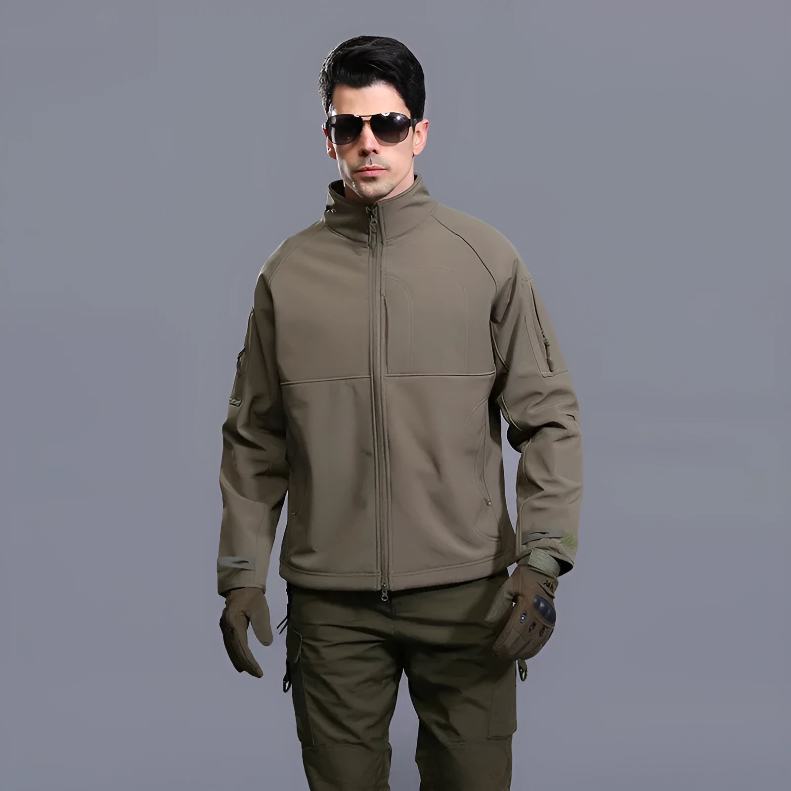 Men's thin stand collar outdoor jacket in khaki, polyester, loose fit, autumn wear