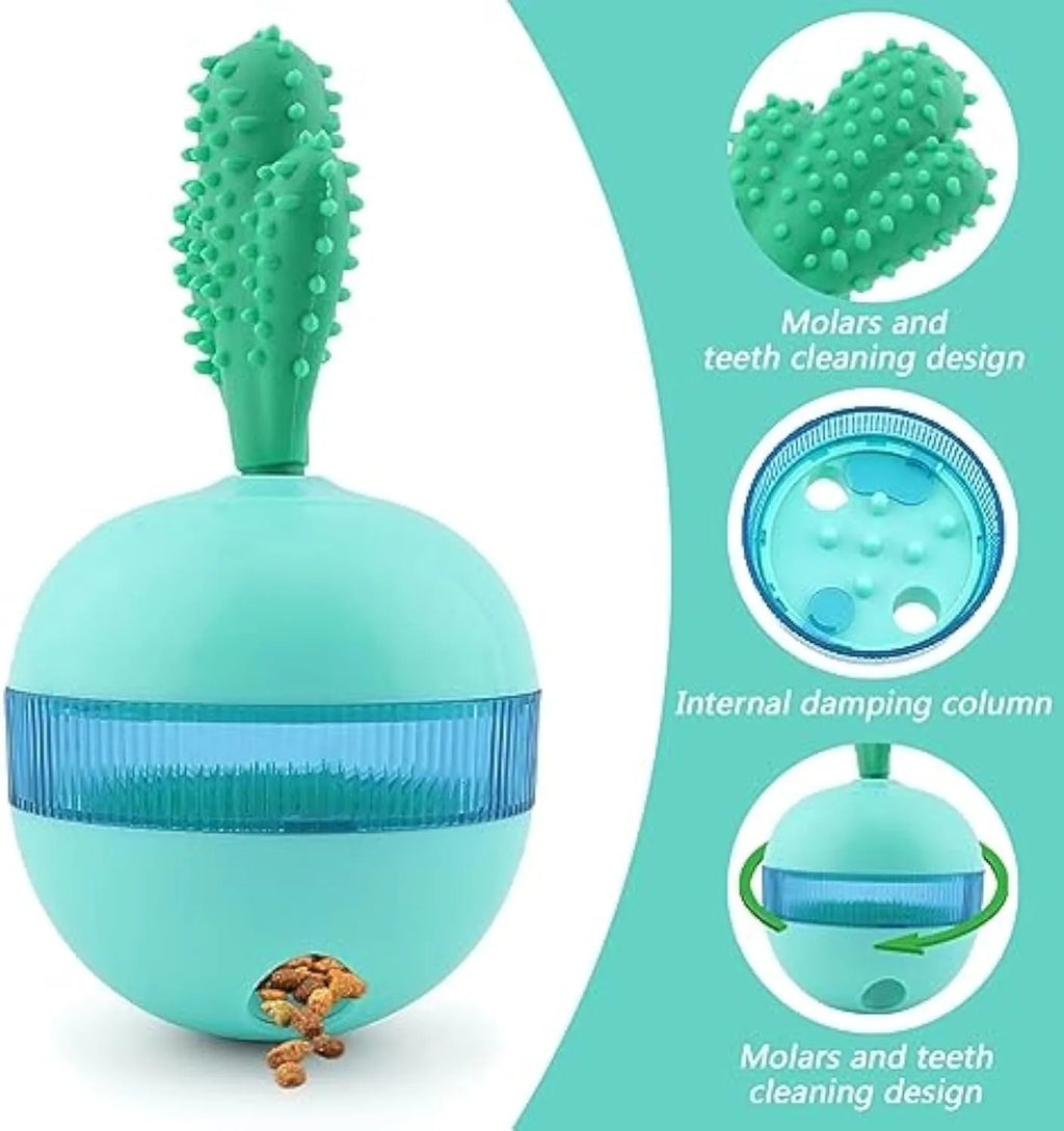 Blue interactive dog treat dispensing tumbler ball with small holes for medium large dogs