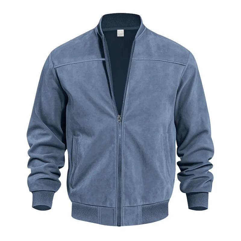Men's black suede casual zip-up jacket with a regular fit on a model.