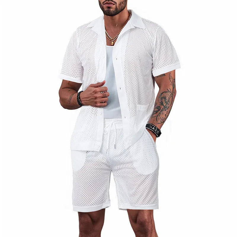 See-through short sleeve cardigan and shorts set for women in lake blue, shown on a hanger