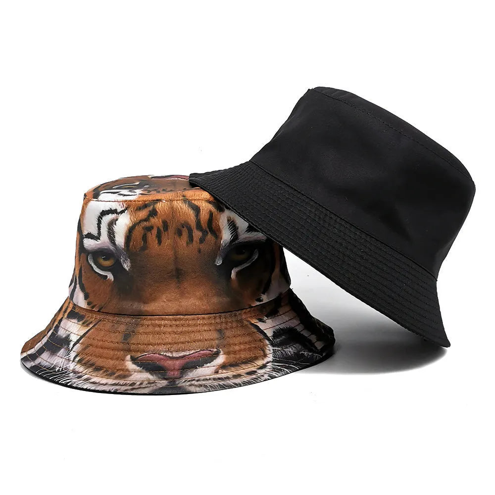 Tiger Pattern Bucket Hat European and American Outdoor Sun Protection Cap Khaki Tiger Black Tiger Dome Crown M 56-58cm Polyester Four Seasons Retro Style Unisex