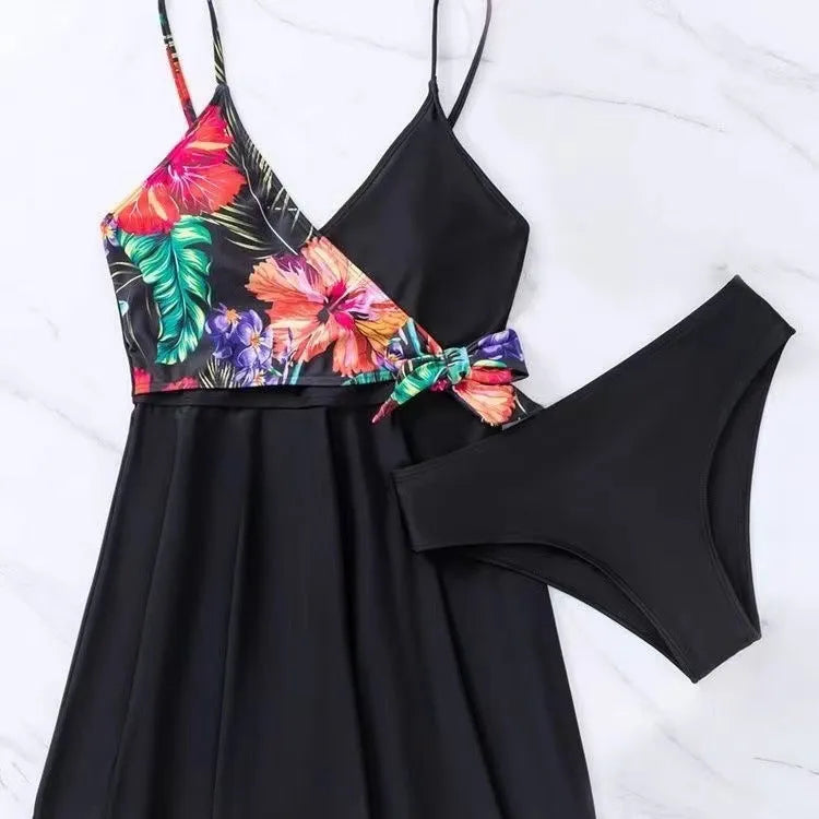 Black women's high waist briefs printed split bikini set for sports and swimming activities