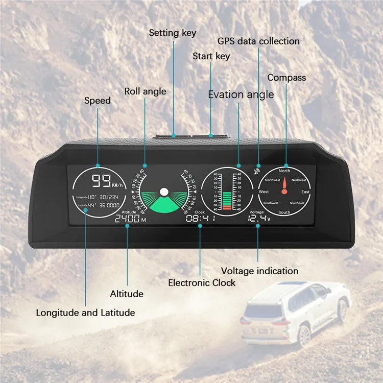 GPS GO 2 car HUD with colour LCD display showing speed and compass, carbon fibre design on dashboard