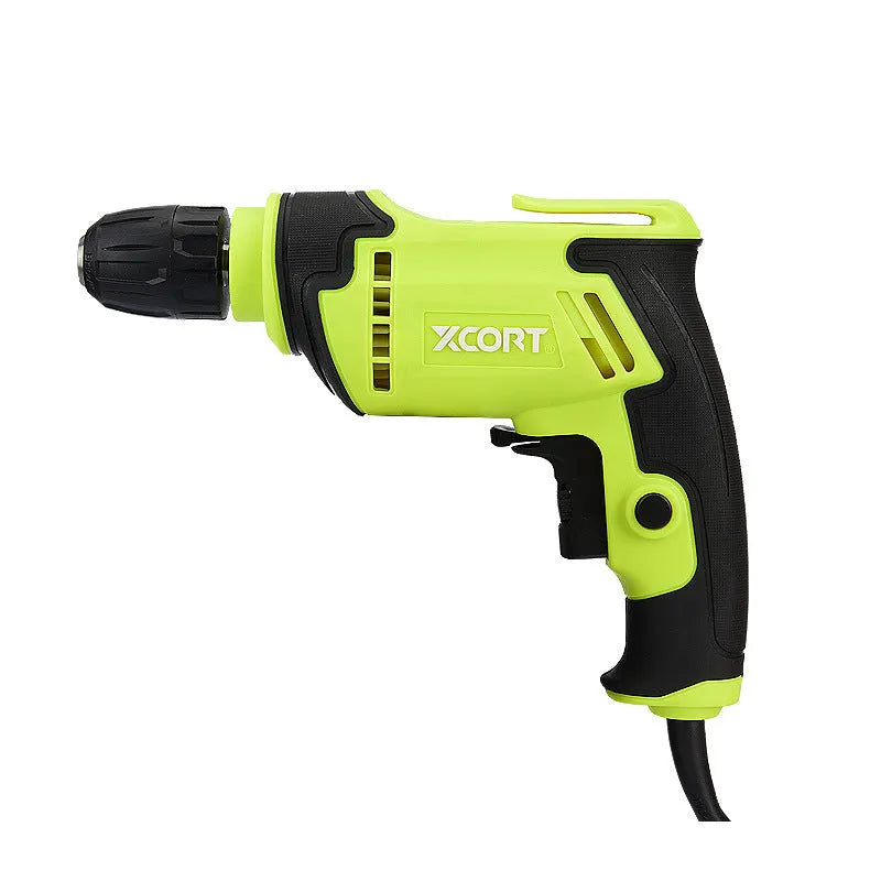 450W pistol-grip electric hand drill with a 10mm chuck on a workbench.