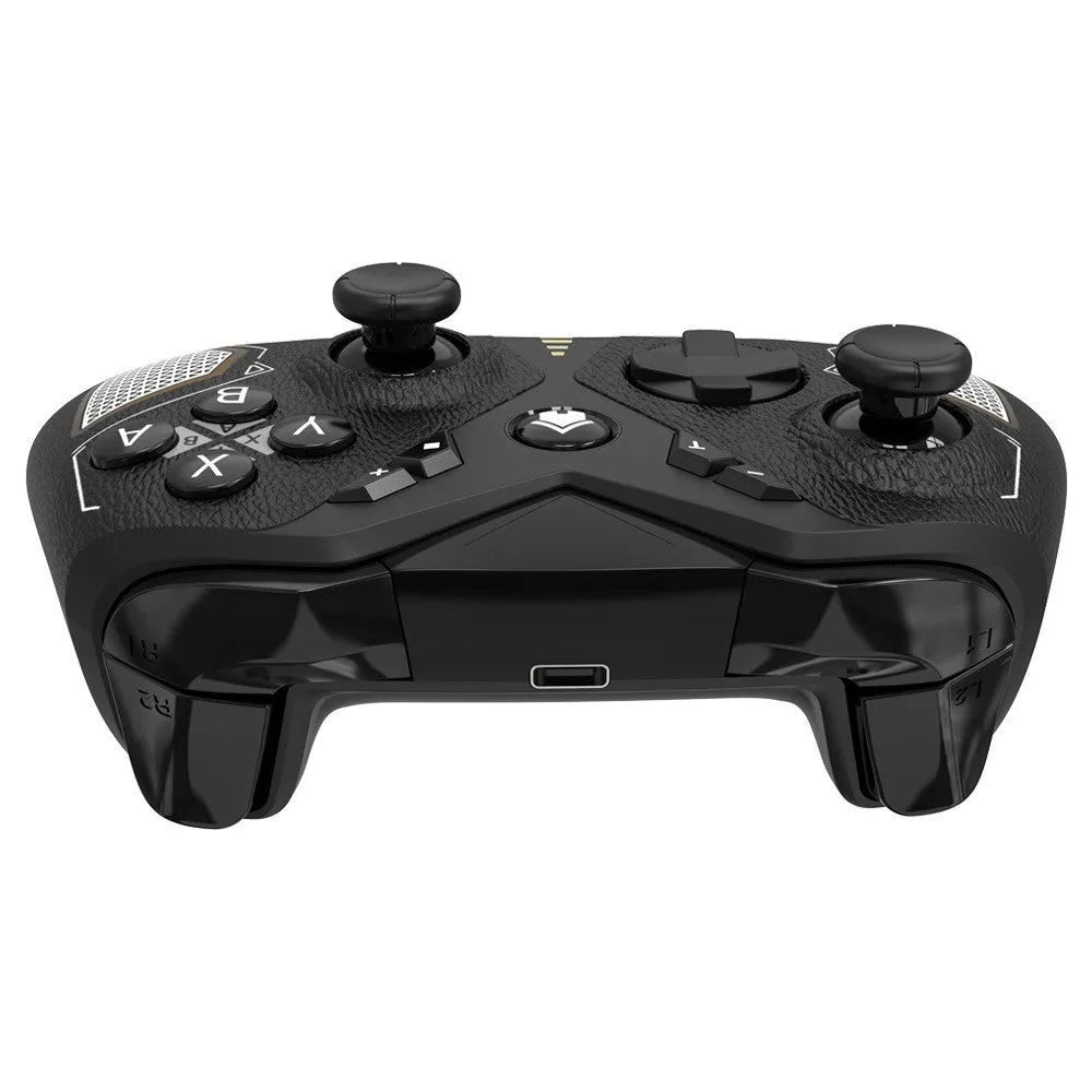 Black wireless Bluetooth game controller with leather-textured finish for Nintendo Switch, smartphones, and PC gaming