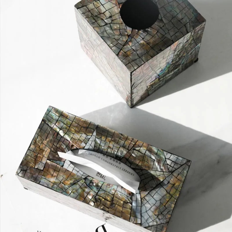 Natural shell tissue box storage container in black with removable organisation for coffee tables