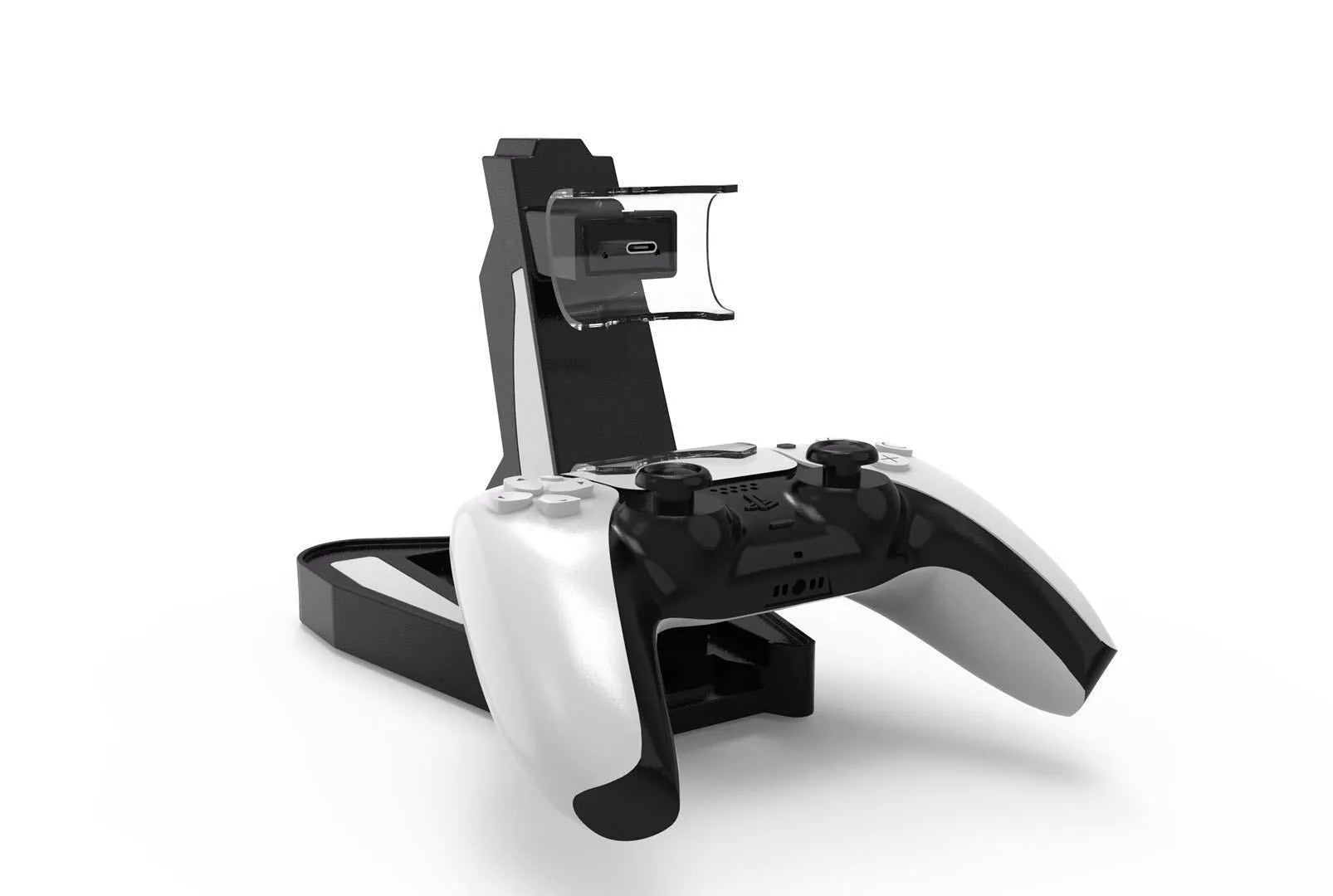 PS5 handle charger with turn light in black ABS plastic, compact size 12.7x17x6.5 cm