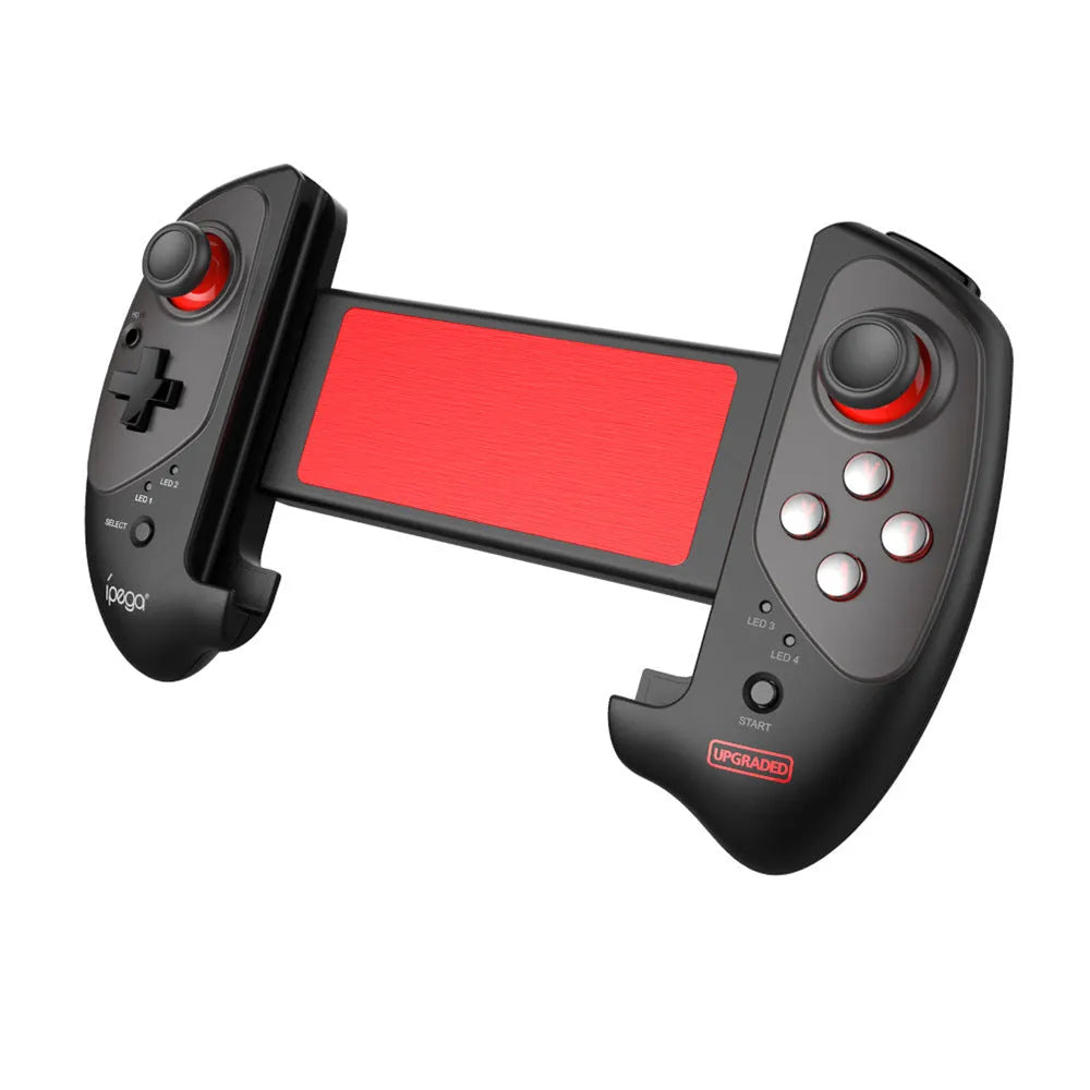Red telescopic Bluetooth gamepad for mobile and PC with USB cable.