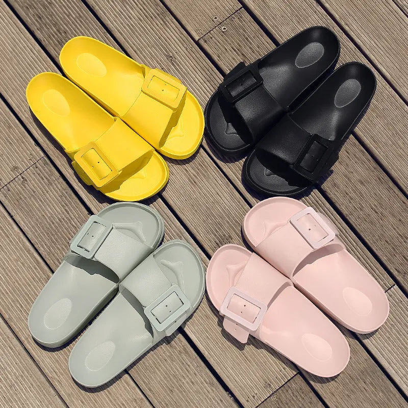 Women's grey blue EVA flip flop slippers with silver buckle closure on soft sole