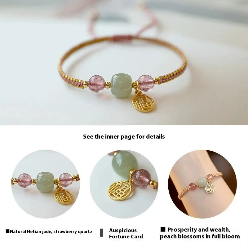 Red rope adjustable bracelet with Strawberry quartz style, unisex national tide design