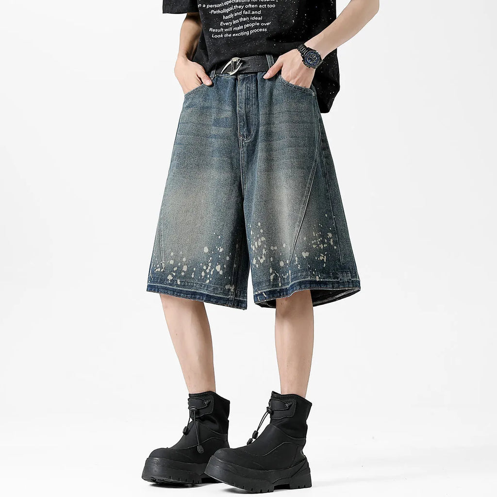 Retro washed ripped splash ink five points denim men's shorts in retro blue, straight fit