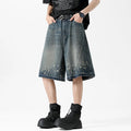 Retro washed ripped splash ink five points denim men's shorts in retro blue, straight fit