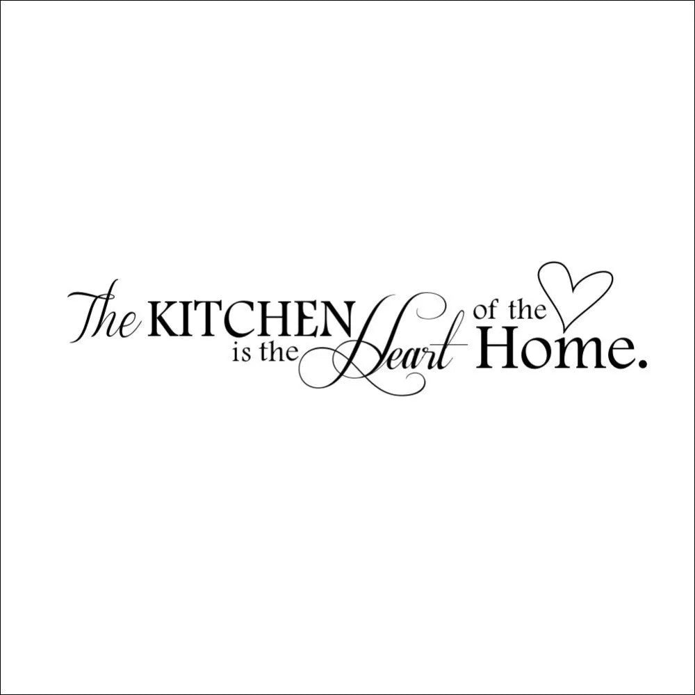 Black letter pattern wall sticker reading Kitchen Is Heart Of The Home on a white background, 60x15cm PVC removable