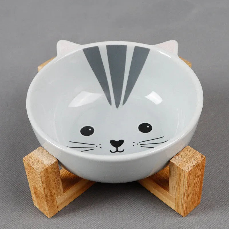 Ceramic cat food bowl with bamboo bracket, pink-eared fox design, bowl 13x5.5 cm