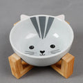Ceramic cat food bowl with bamboo bracket, pink-eared fox design, bowl 13x5.5 cm