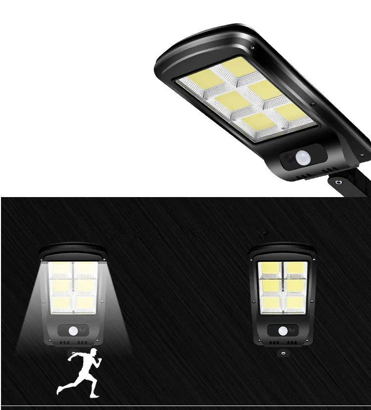 Black outdoor solar-powered motion sensor light mounted on a wall with solar panel visible.