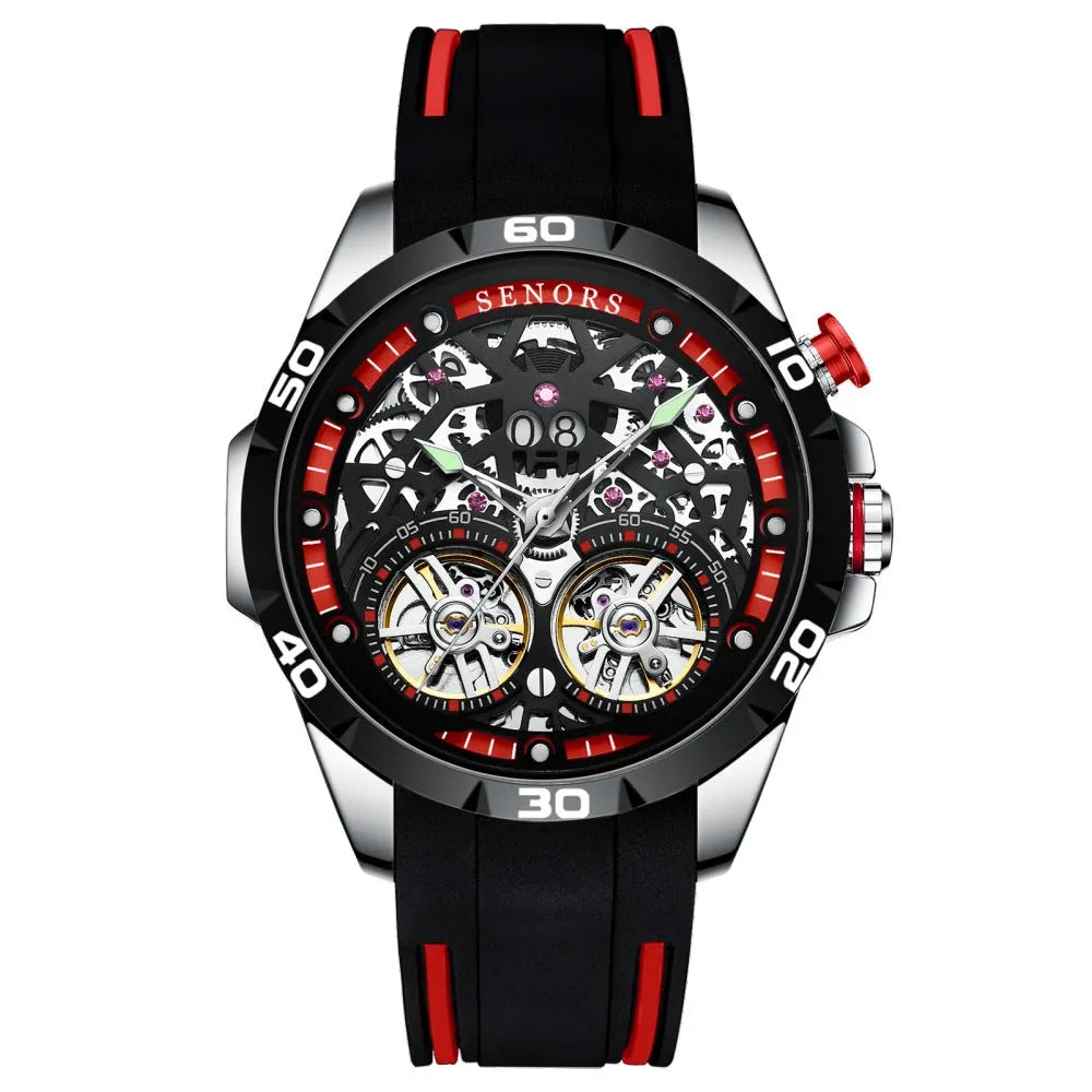 Automatic mechanical men's watch with skeleton dial showing internal components, available in red or blue colours
