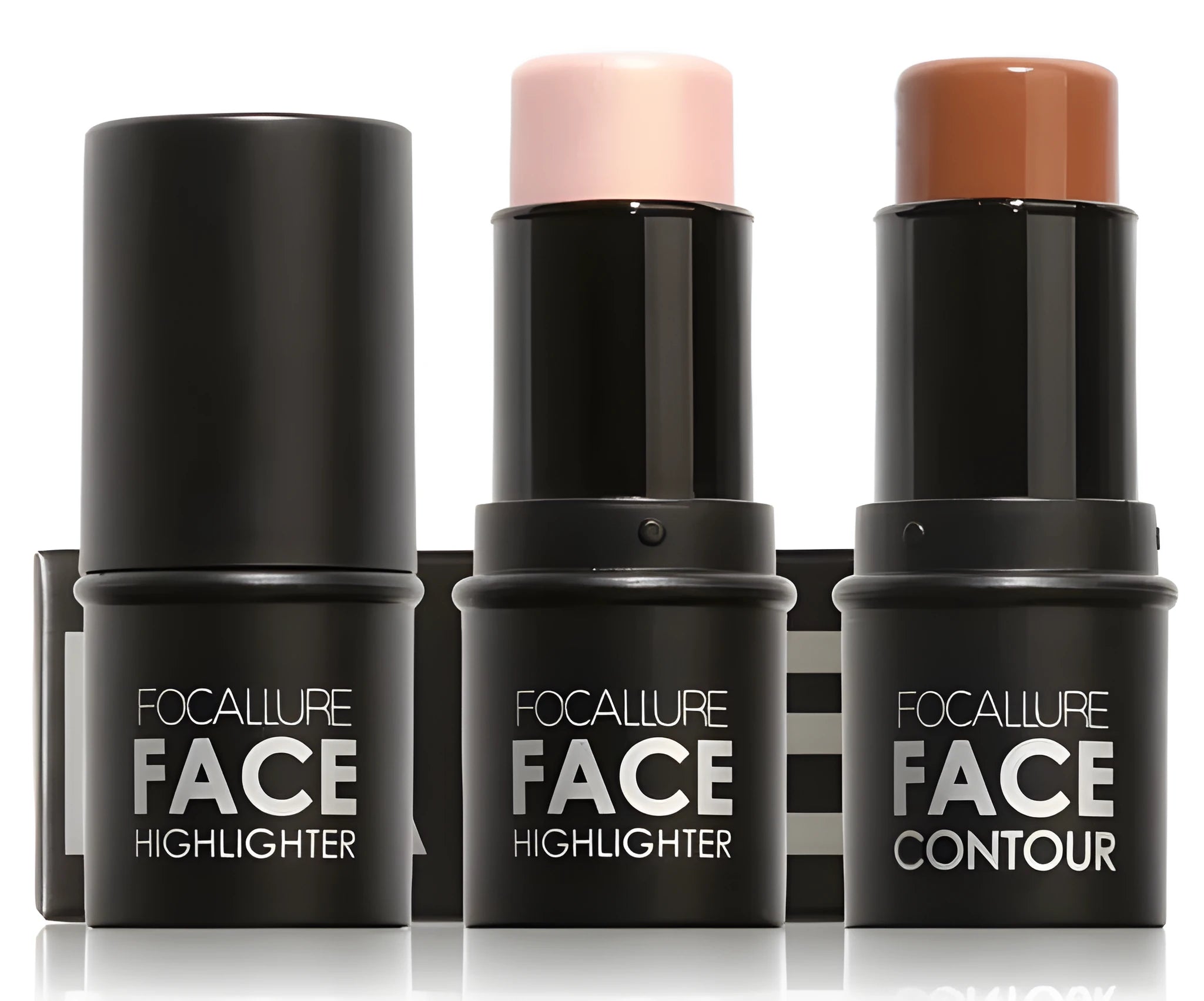 Four shade options of a face contour highlighter makeup product for cheekbone and jawline definition.