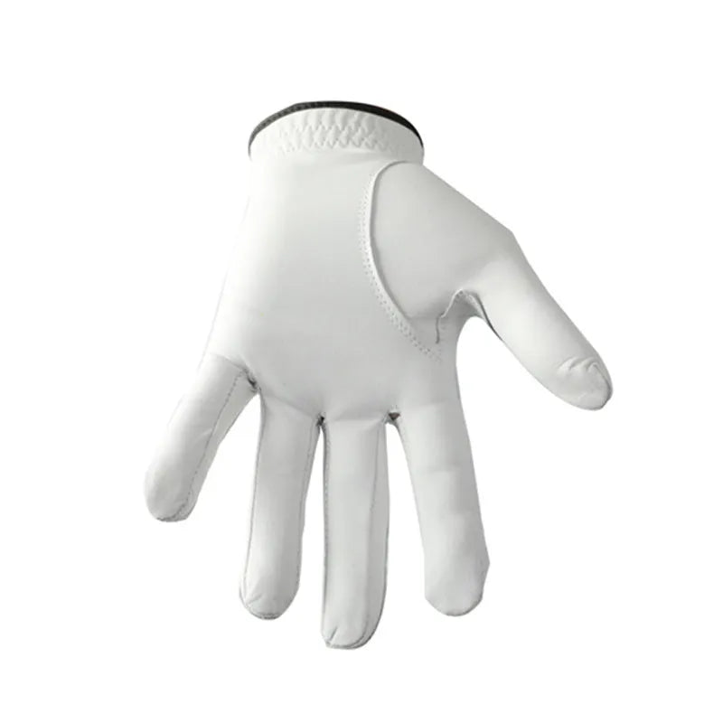 White half sheepskin men's golf glove showing non-slip palm and finger construction.