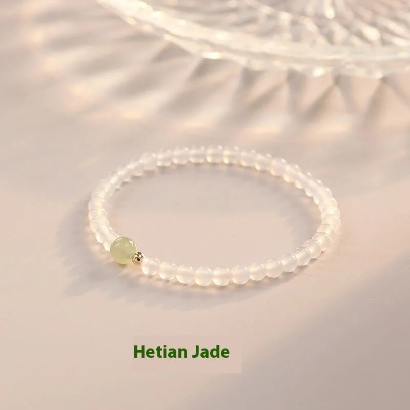 Natural white agate women's bracelet 15cm New Chinese style handcrafted white stone jewellery