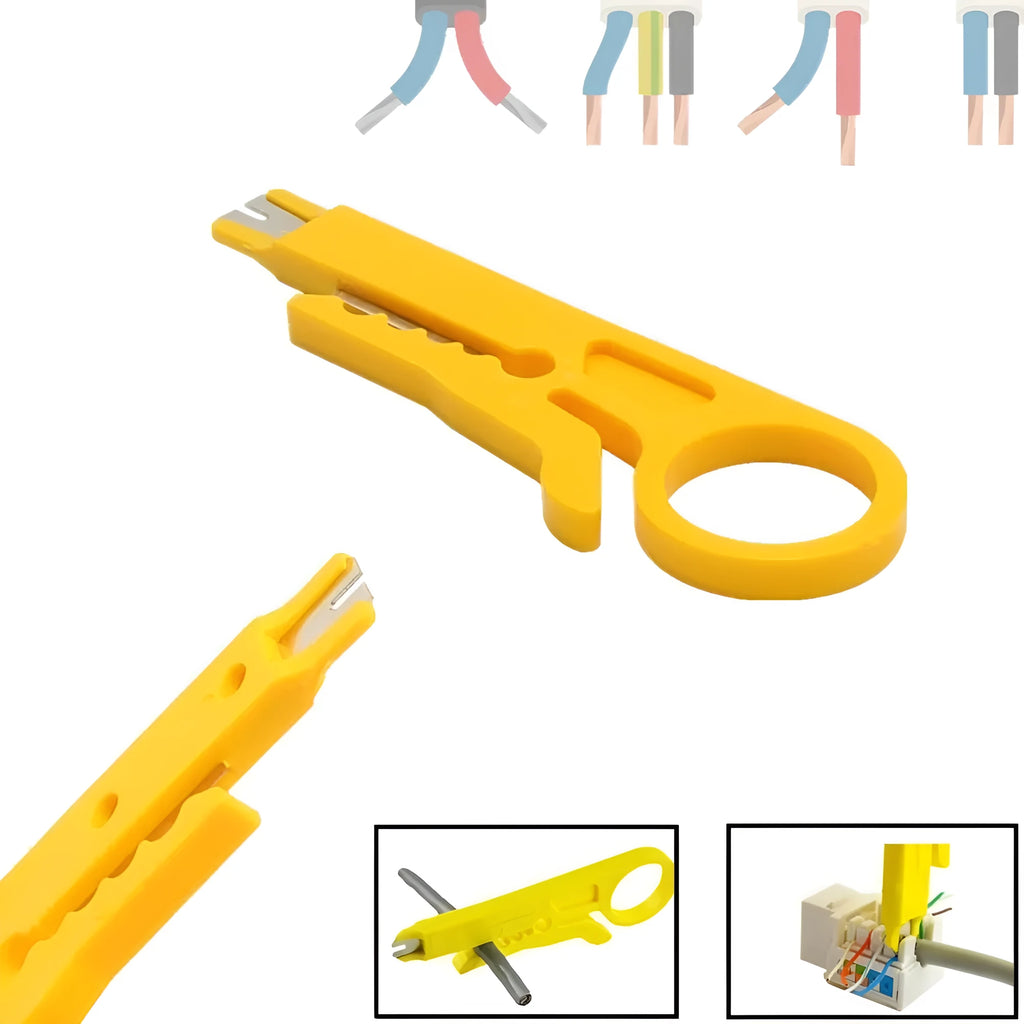 Yellow mini portable wire stripper tool for 0.6mm telephone and network cables.