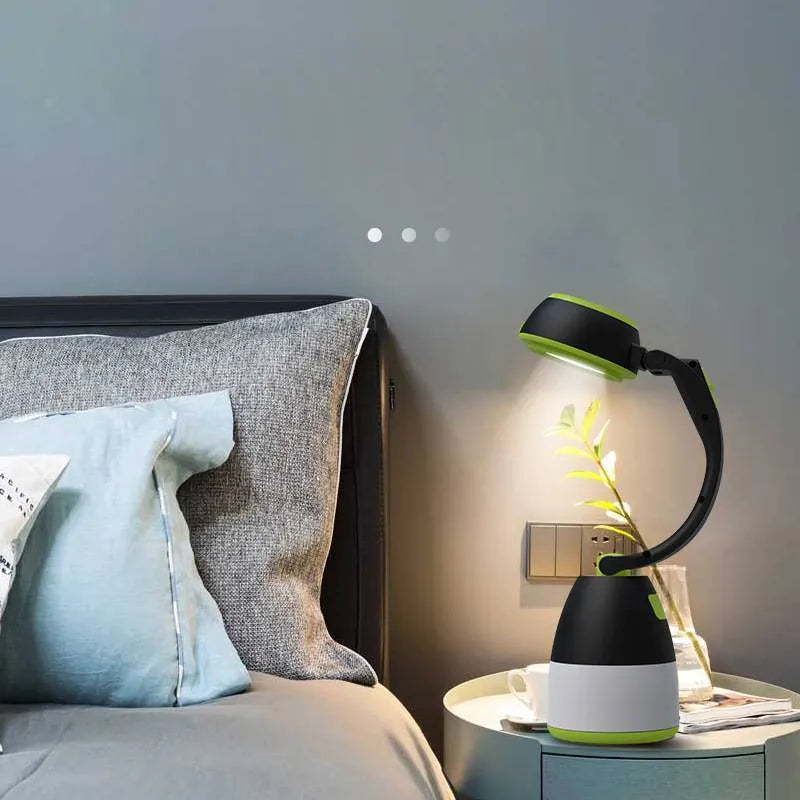Black green three-in-one LED camping lamp with adjustable head and USB charging port