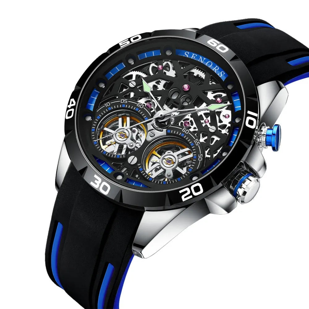 Automatic mechanical men's watch with skeleton dial showing internal components, available in red or blue colours