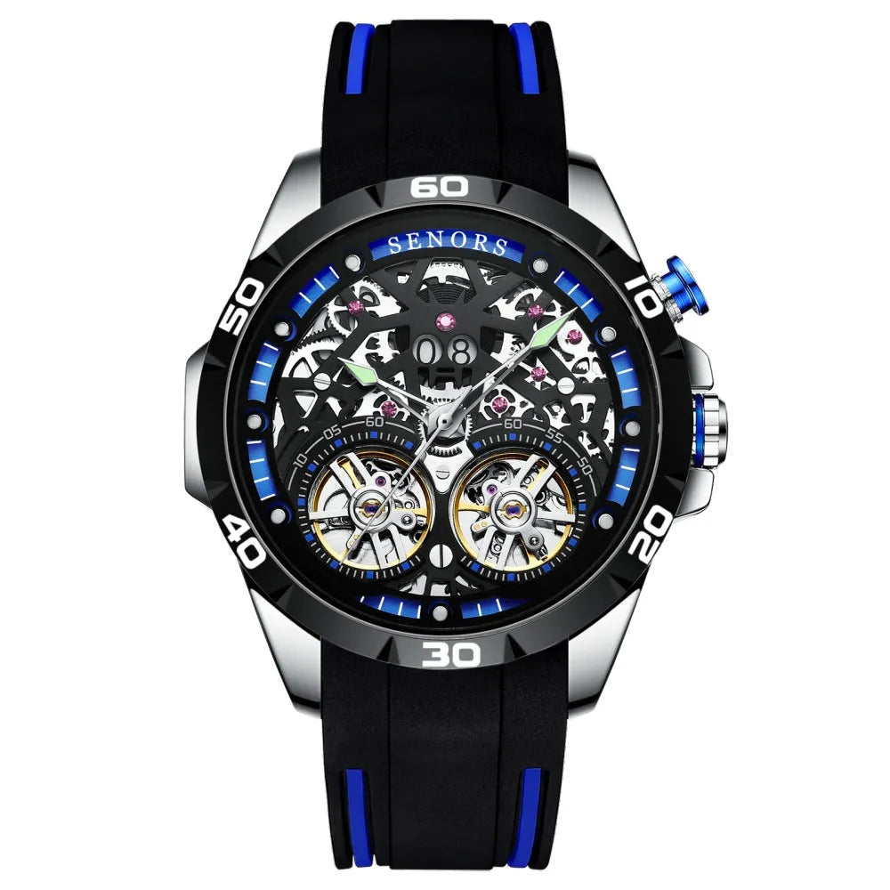 Automatic mechanical men's watch with skeleton dial showing internal components, available in red or blue colours