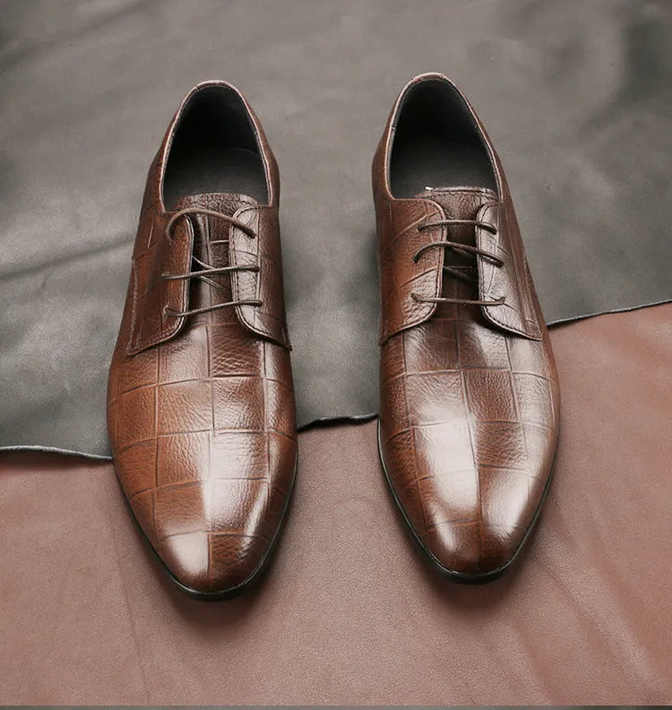 Men's black and coffee brown cow leather derby shoes with pointed toe and hand-sewn detailing