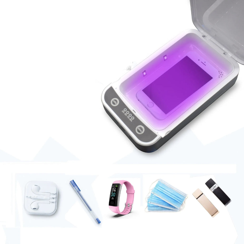 White UV disinfection box with internal compartment for mobile phones up to 6.5 inches