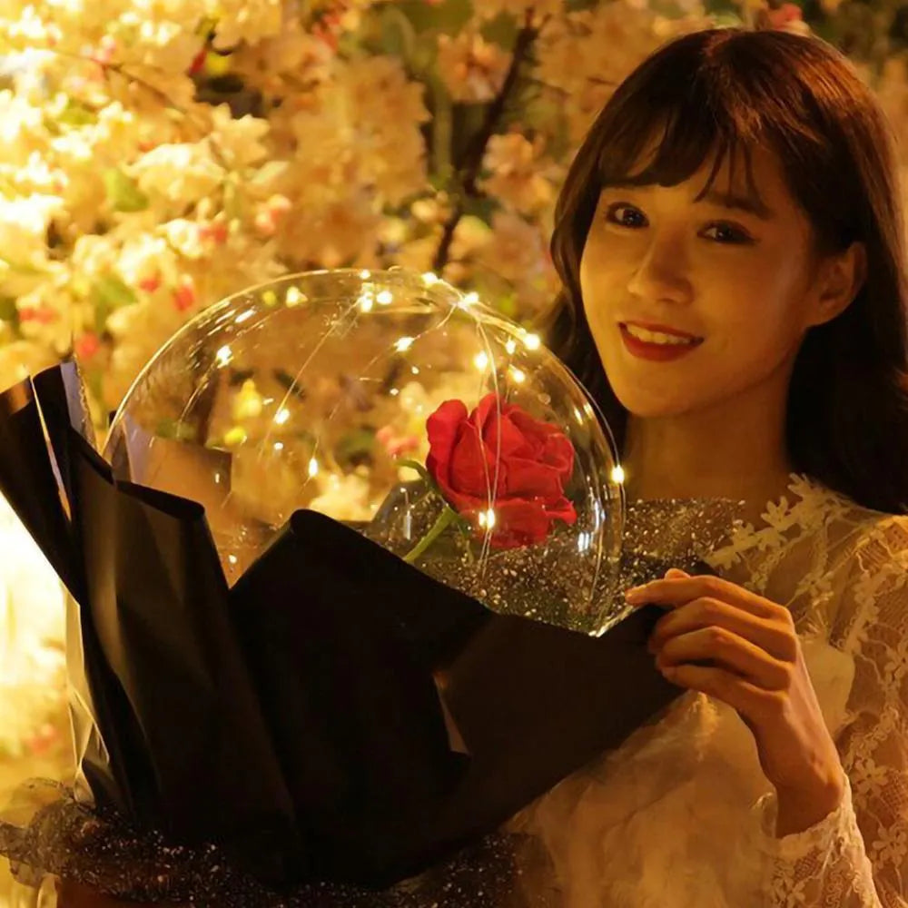LED Luminous Balloon Rose Bouquet transparent bobo balloon with artificial rose and LED light