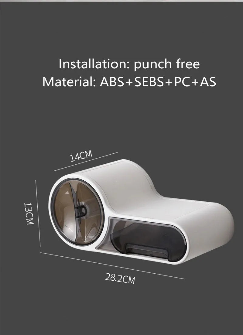White plastic streamline curved toilet roll holder with no-punching installation on bathroom wall