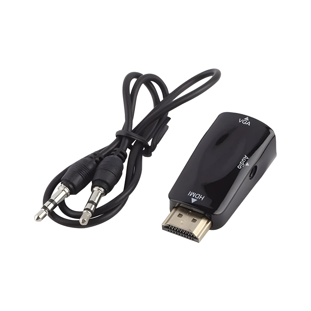 Compact HDMI to VGA adapter converter in black, 48x23.3x15.4mm