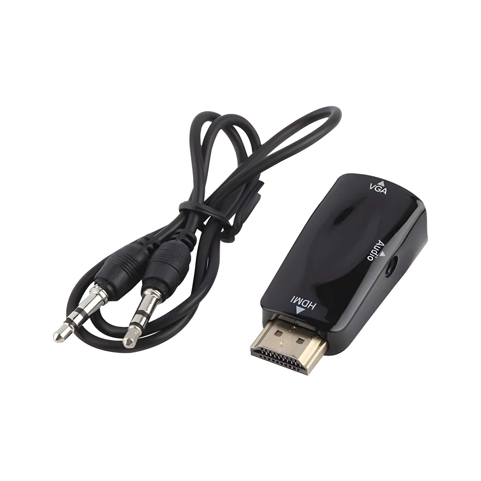 Compact HDMI to VGA adapter converter in black, 48x23.3x15.4mm