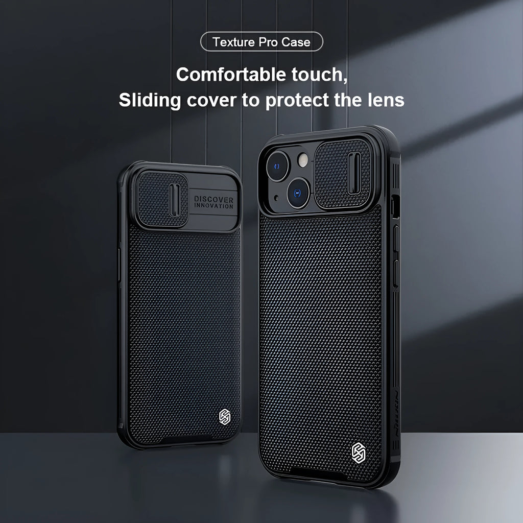 Black textured PC TPU sliding phone case for iPhone 13 Pro Max, 13 Pro, and 13 – back cover view