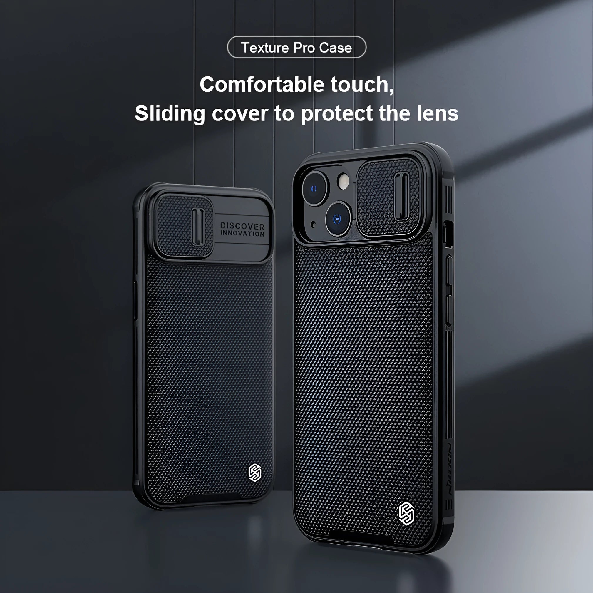 Black textured PC TPU sliding phone case for iPhone 13 Pro Max, 13 Pro, and 13 – back cover view