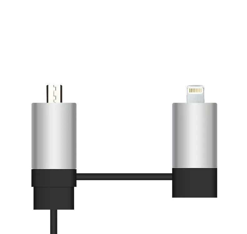 2 in 1 Dual USB car charger with retractable cable for mobile phones, Black/Silver