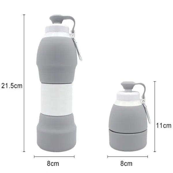 Silicone folding water bottle 580ml in grey, collapsed and full size, food grade portable sport bottle
