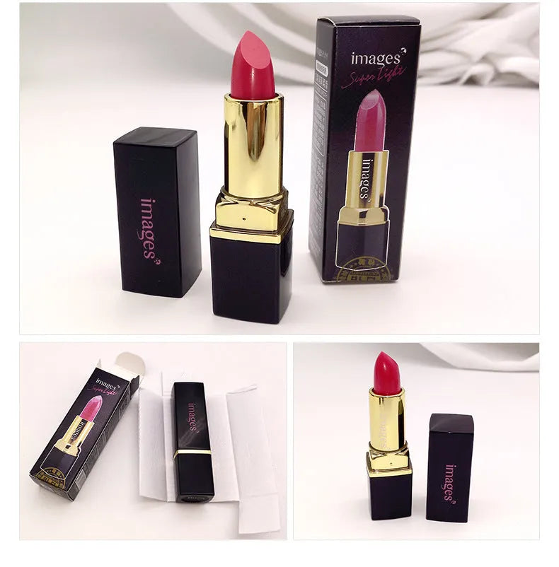 Moisturising lipstick in a case, showing colour range including coral red, bright orange, and barbie pink.