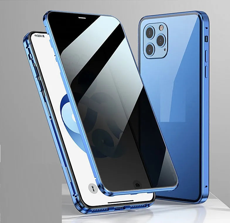 Double-sided tempered glass magnetic phone case for iPhone with anti-spy privacy screen, metal frame, seven colour options
