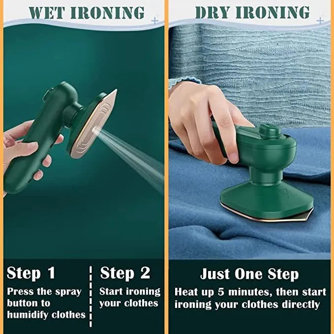 Handheld portable garment ironing machine in dark green with large titanium panel, UK plug