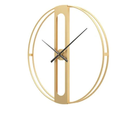 Round metal wall clock with 50 cm diameter in black or gold finish on a plain wall