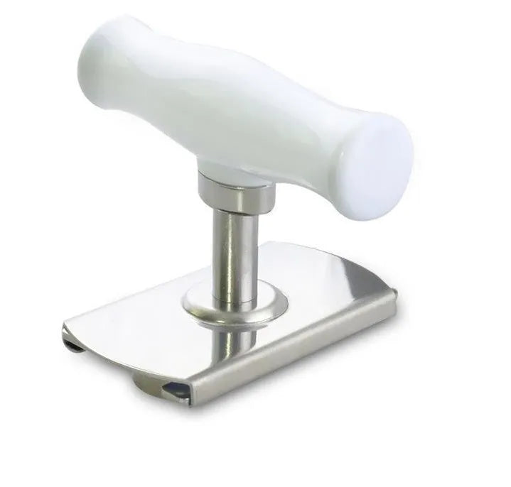 White stainless steel adjustable bottle opener with gear mechanism and PP anti-skid handle on a surface