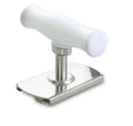White stainless steel adjustable bottle opener with gear mechanism and PP anti-skid handle on a surface