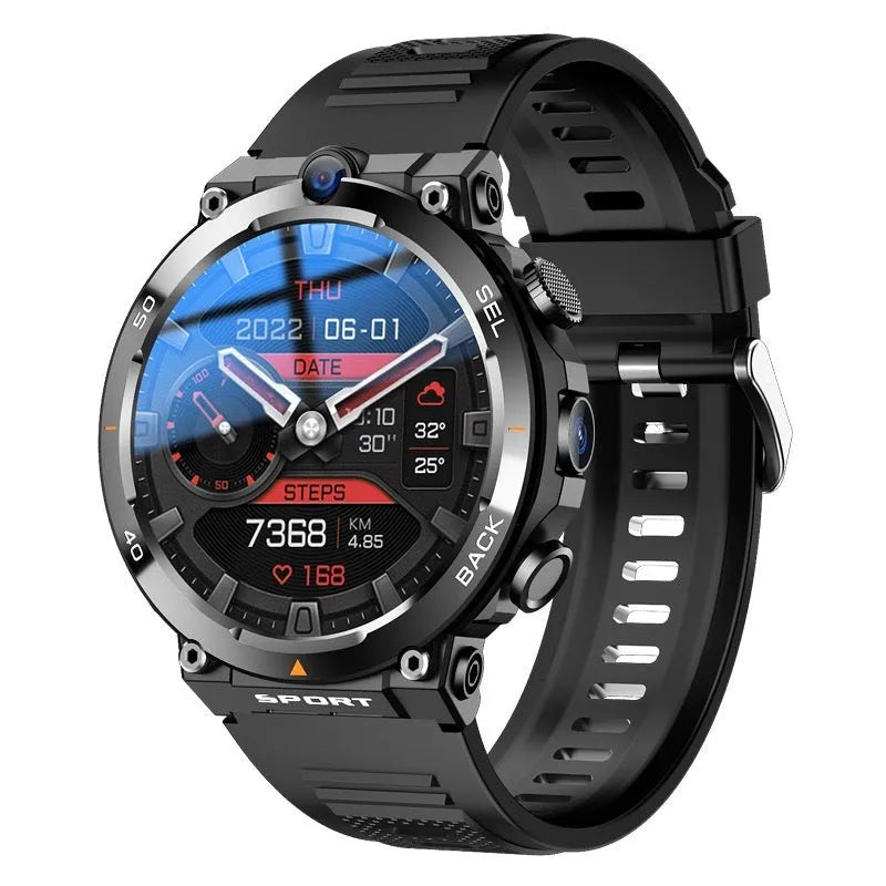 Multi functional sports smartwatch with dual cameras and GPS positioning on display