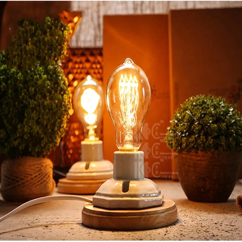 Retro wood table lamp with glass shade, electroplated finish, and dimmer switch for living room use