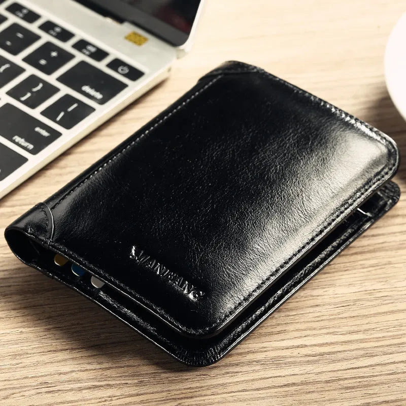 Men's black or brown leather wallet open to show photo window, card slots, and coin pocket.