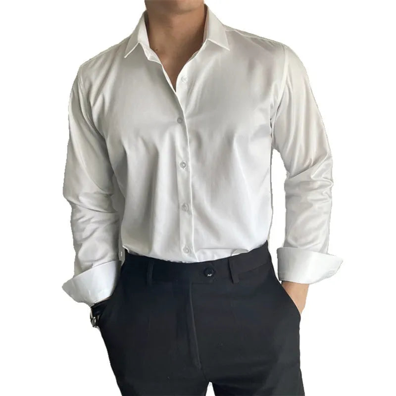 Men's Korean slim fit solid colour shirt in white, cardigan style, polyester blend, available in multiple sizes