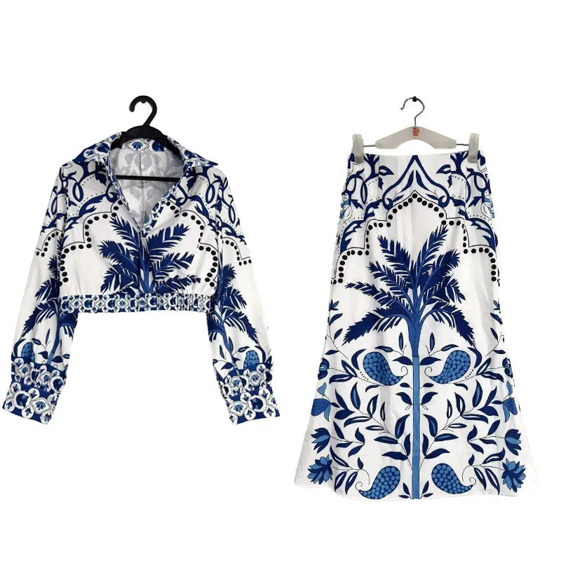 Women's casual two-piece co-ord set with long sleeves and long skirt in polyester fabric