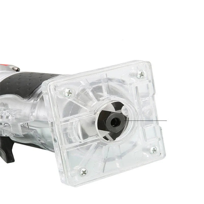 Electric wood polishing trimmer 800W with aluminium casing, 2cm processing depth, on workbench